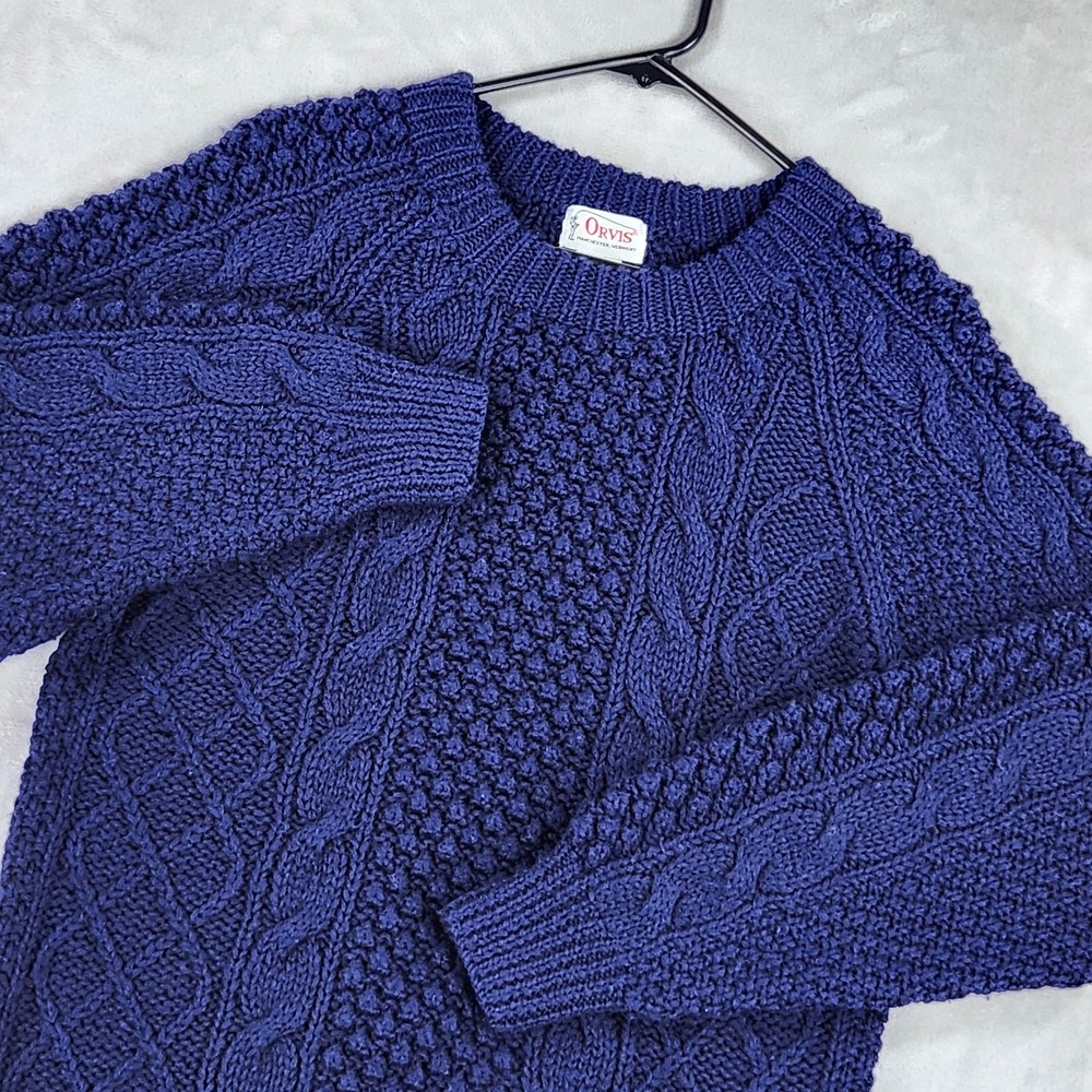 Vintage Orvis Sweater Mens Small Blue 100% Wool Cable Knit Crewneck Fisherman
